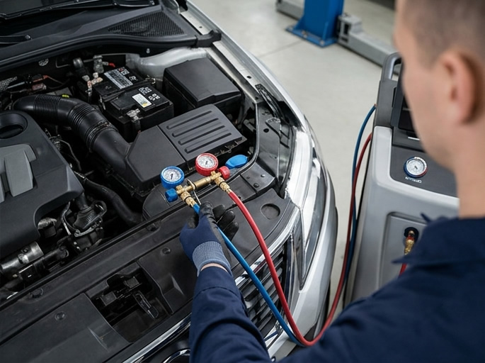 Mechaniker prüft den Motorraum eines Fahrzeugs