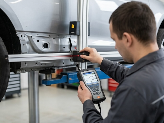 Zufriedene Kunden nehmen ihr Auto in der Werkstatt entgegen