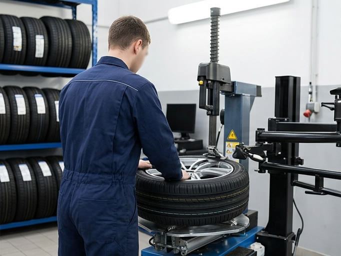 Mechaniker wechselt Autoreifen in der Werkstatt